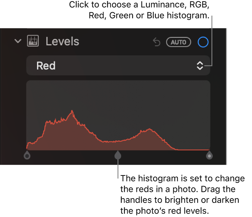 The Levels controls in the Adjust pane showing the Red histogram with handles below for adjusting the photo’s red levels.