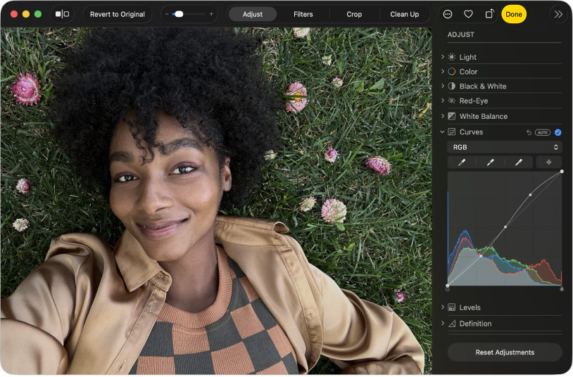 A photo in editing view, with Adjust selected in the toolbar and adjustment tools on the right.