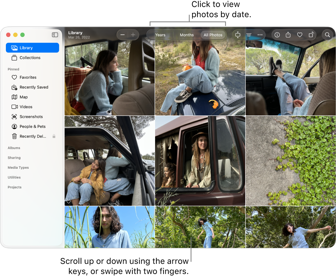 The Photos window showing All Photos selected in the toolbar and photos organized by date appearing in the main area of the window.