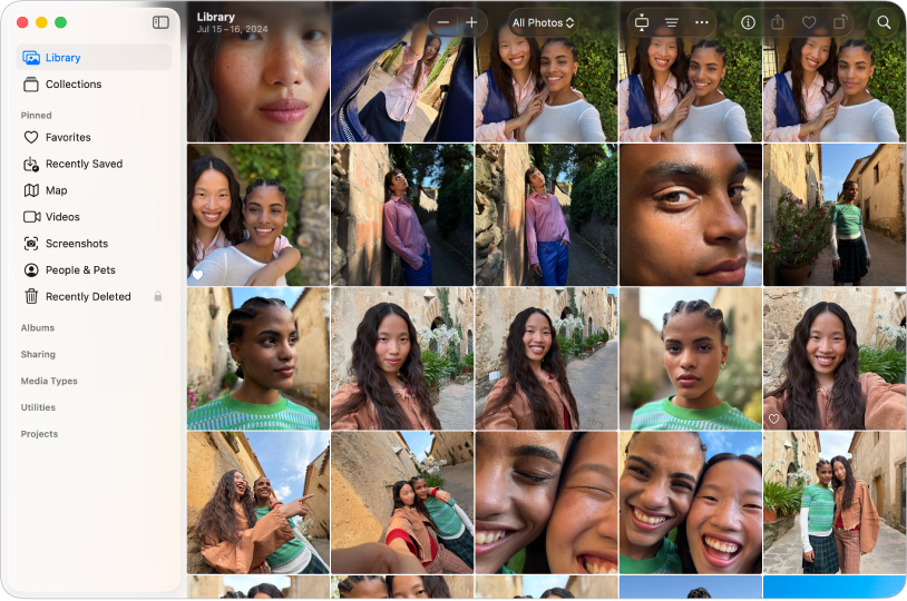 The Photos main window showing Library selected in the sidebar on the left, photos in a grid on the right, and the toolbar at the top.