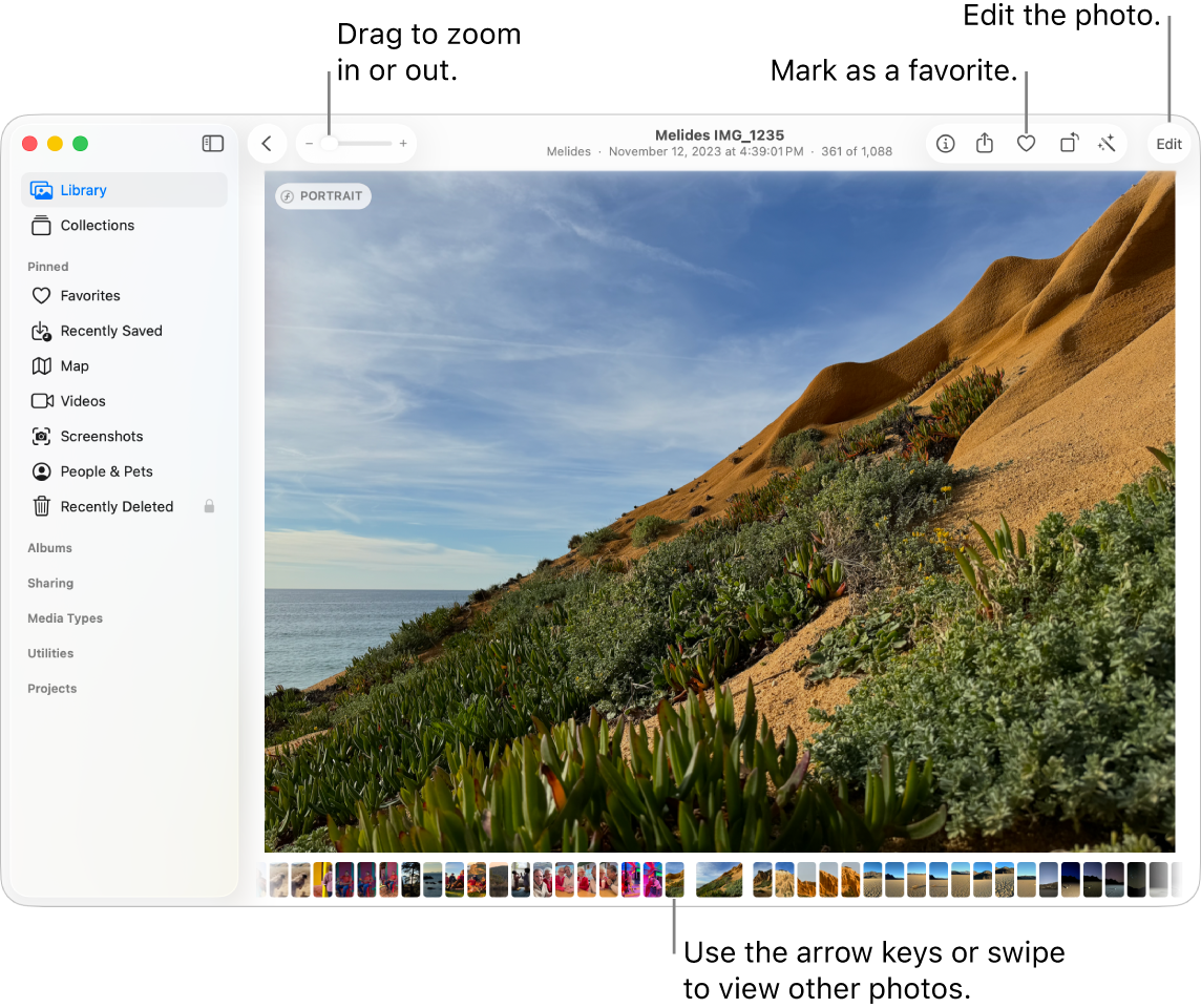 The Photos window showing an enlarged photo on the right and a row of thumbnails below. The toolbar at the top includes the Zoom slider, Favorite button, and Edit button.