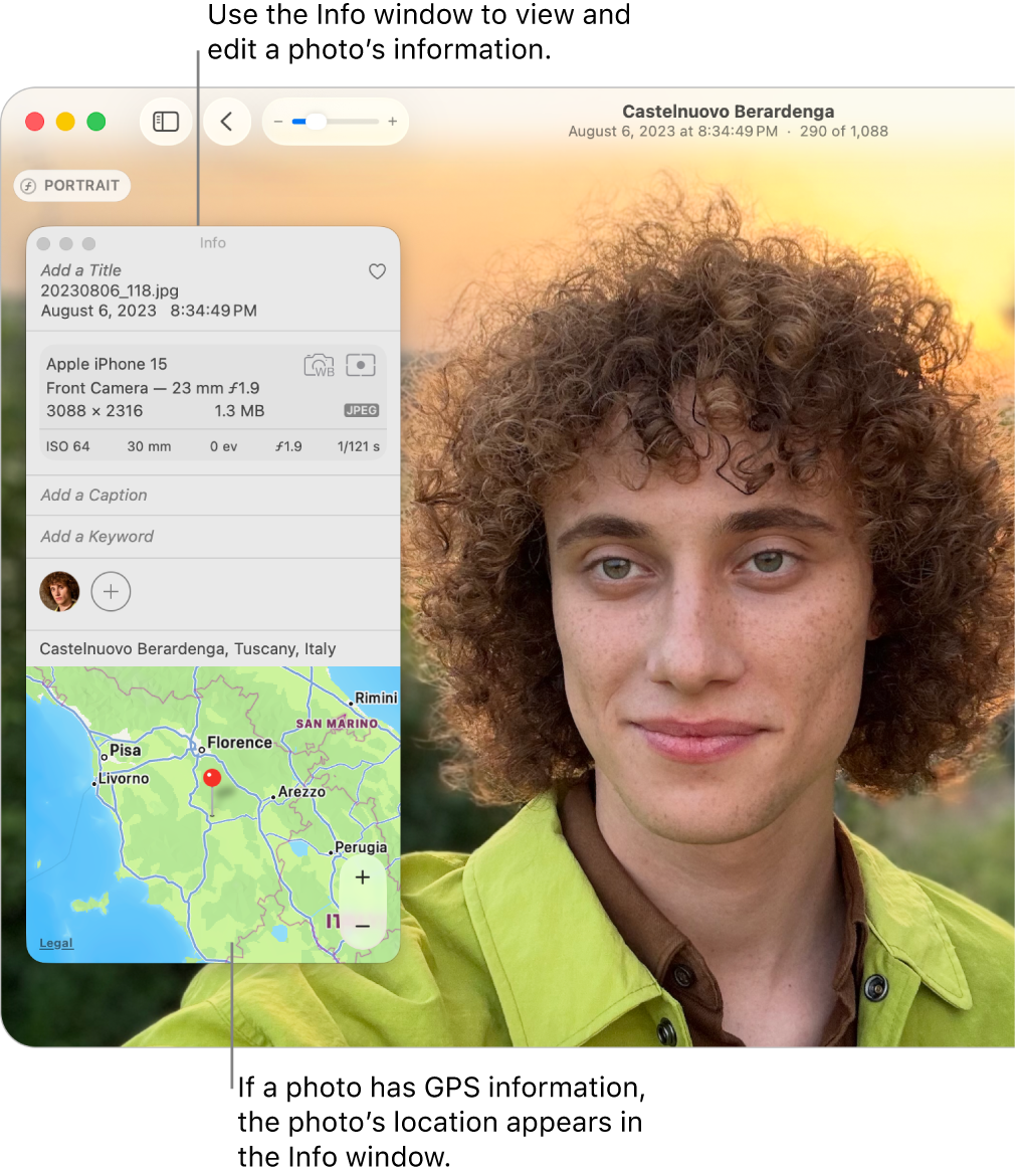 The Info window for a photo showing the date and time the photo was taken, information about the device that captured the photo, the photo’s location, and more.