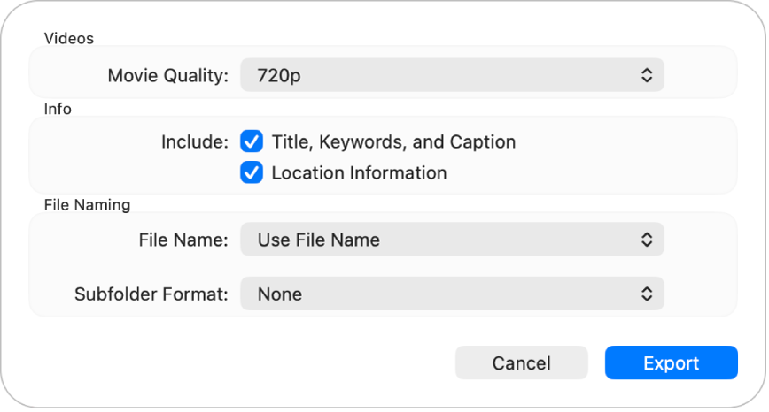 A dialog showing options for exporting videos.