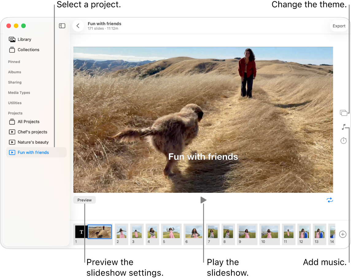 The Photos window showing a slideshow in the main part of the window, with the Preview button, Play button, and Loop button under the main slideshow image and thumbnails of all the images in the slideshow at the bottom. The Theme button, Music button, and Duration button are on the right.