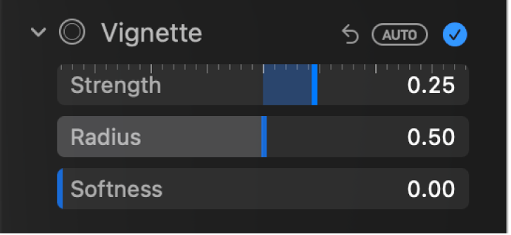 The Vignette controls in the Adjust pane, showing the Strength, Radius, and Softness sliders.