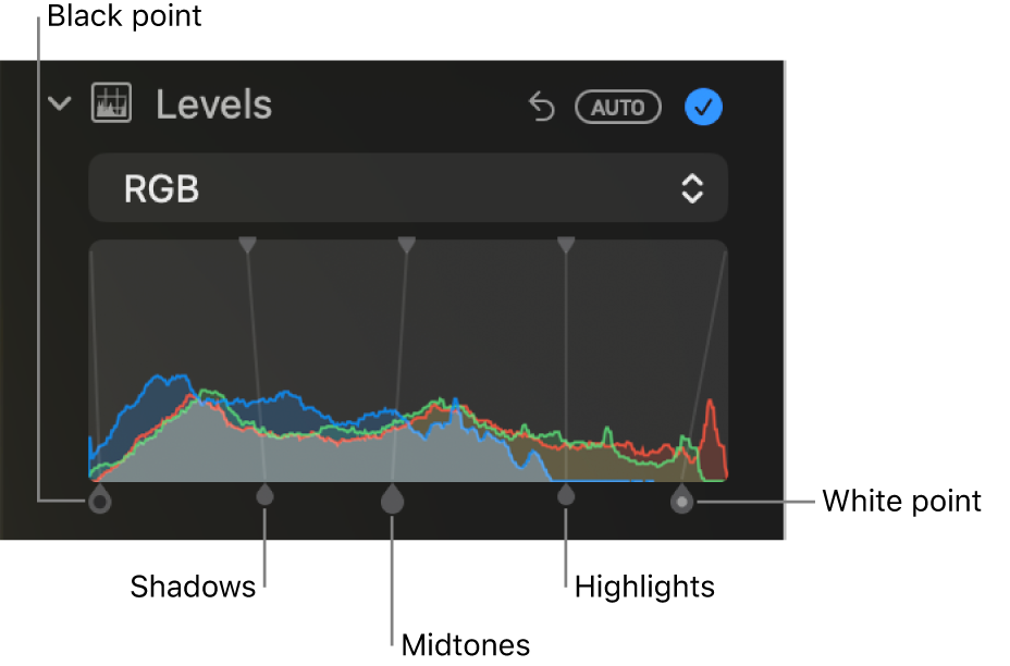 The Levels controls in the Adjust pane, showing the RGB histogram with handles below, including (from left to right) black point, shadows, midtones, highlights, and white point.