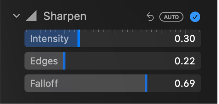 The Sharpen controls in the Adjust pane, showing the Intensity, Edges, and Falloff sliders.
