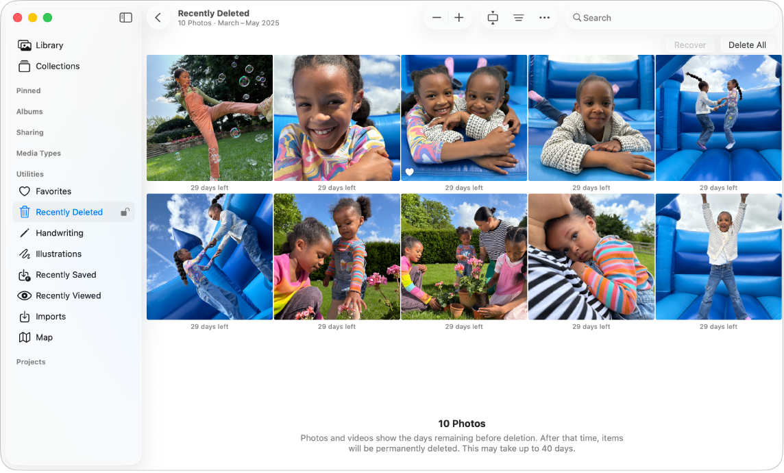 The Photos window showing Recently Deleted selected in the sidebar and recently deleted items on the right.