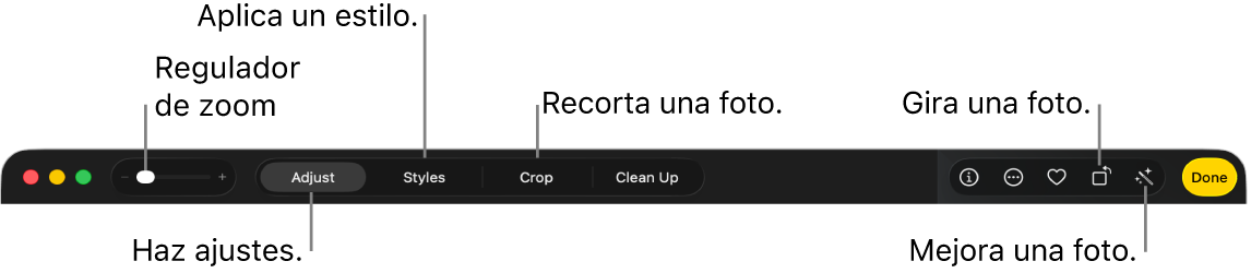 La barra de herramientas de edición mostrando controles para acercar o alejar una foto, realizar ajustes, aplicar un estilo fotográfico y recortar, rotar y mejorar fotos.