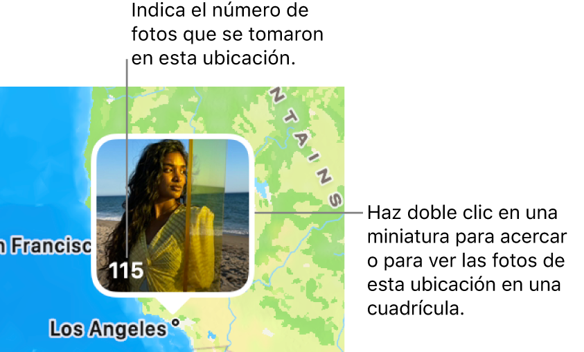 La miniatura de una foto en un mapa con un número en la esquina inferior izquierda que muestra el número de fotos tomadas en esa ubicación.