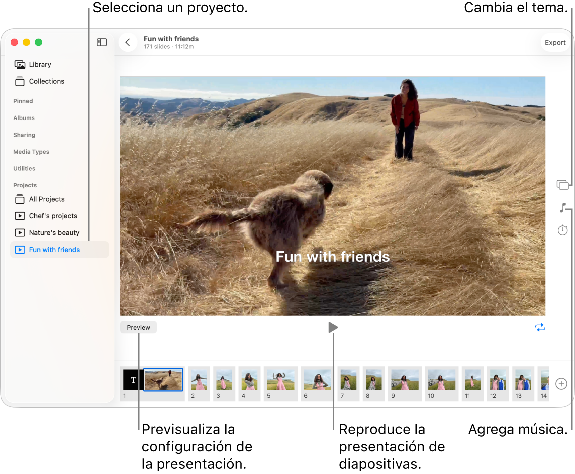La ventana de Fotos mostrando una presentación de diapositivas en la parte principal de la ventana, con el botón Previsualizar, el botón Reproducir y el botón de bucle debajo de la imagen principal de la presentación, y miniaturas de todas las imágenes de la presentación en la parte inferior. Los botones Tema, Música y Duración se encuentran a la derecha.