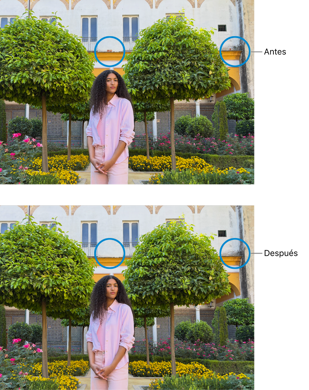 Una foto que muestra imperfecciones en un edificio y la misma foto después de retocarla.