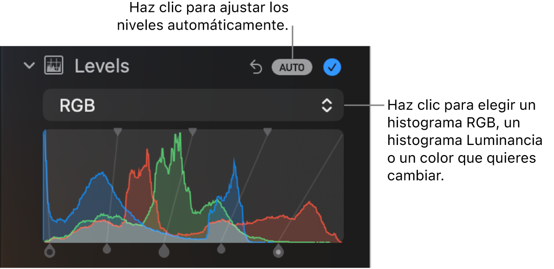 Los controles de Niveles en el panel Ajustar mostrando el botón Automático seleccionado en la parte superior derecha y el histograma RGB en la parte inferior.