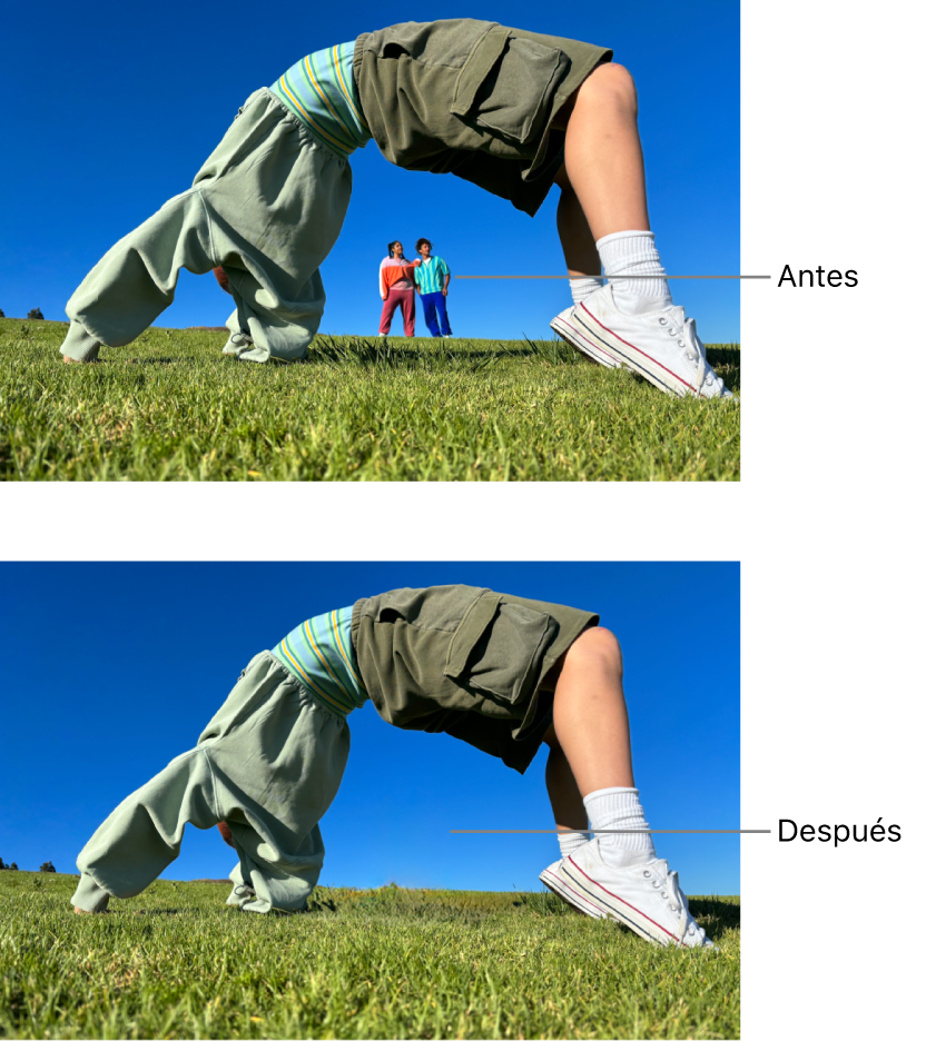 Una foto mostrando a personas en el fondo y la misma foto después de usar Retocar con las mismas personas pero sin el fondo.