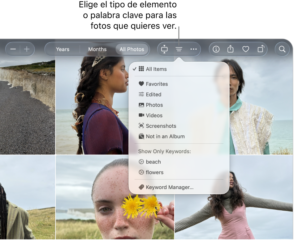 El menú desplegable Filtrar por configurado para mostrar todos los elementos. Haz clic en el botón Filtrar para elegir el tipo de elemento o una palabra clave para las fotos que quieres ver.