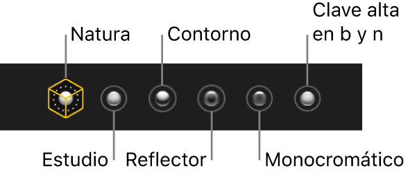Opciones de los efectos de iluminación del modo Retrato, entre los que se incluye (de izquierda a derecha) Natural, Estudio, Contorno, Escenario, Escenario Mono y Mono de clave alta.