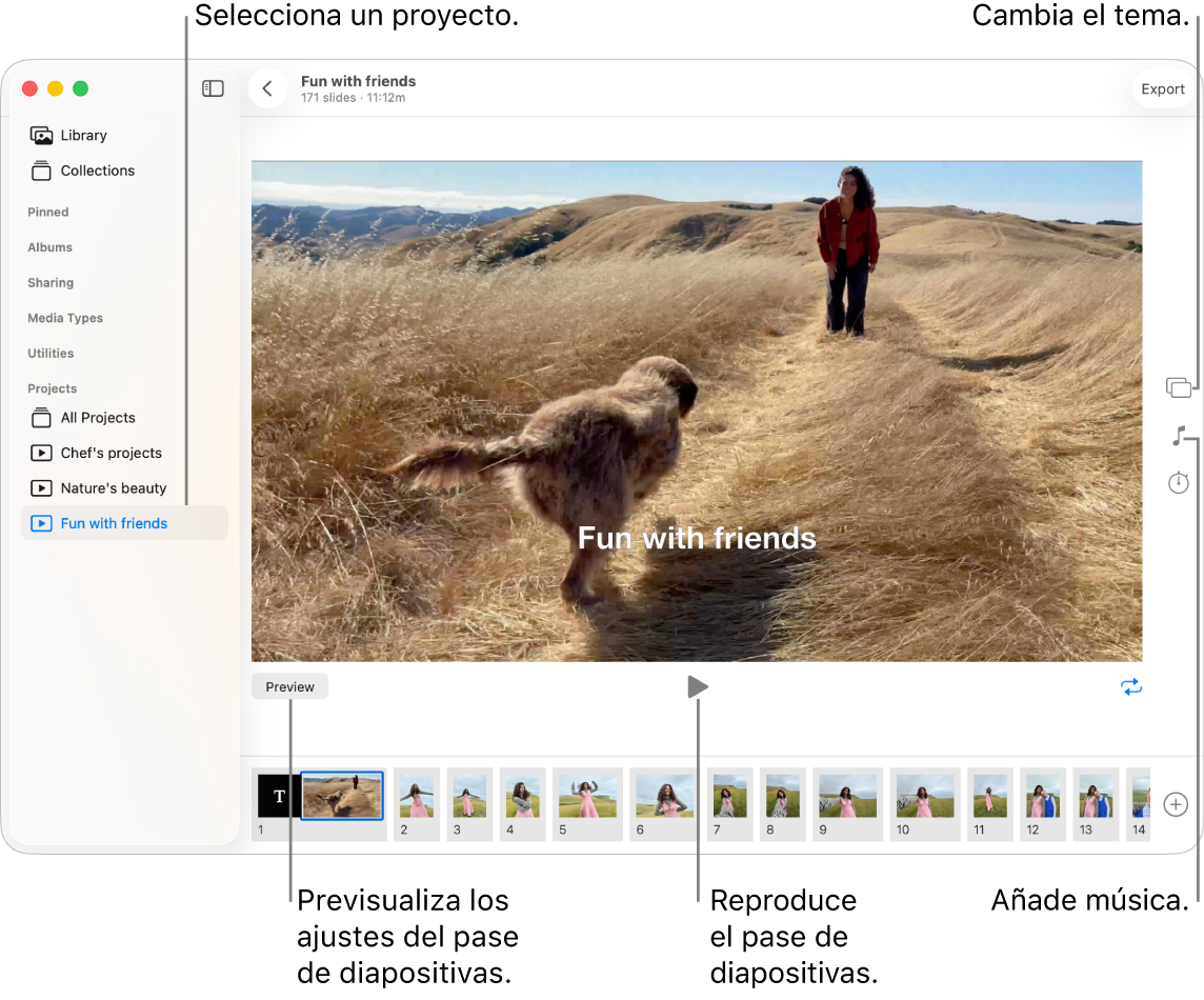 La ventana de Fotos con un pase de diapositivas en la parte principal de la ventana, con el botón Previsualizar, el botón Reproducir y el botón Bucle debajo de la imagen principal del pase de diapositivas y miniaturas de todas las imágenes del pase de diapositivas en la parte inferior. Los botones Tema, Música y Duración están a la derecha.