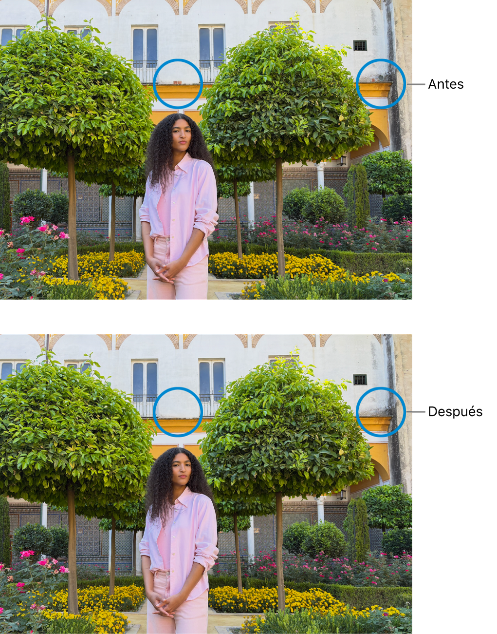 Foto que muestra imperfecciones en un edificio y la misma foto después de retocarla.