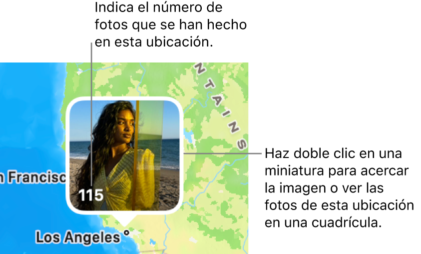 Miniatura de una foto en un mapa con un número en la esquina inferior izquierda que indica el número de fotos hechas en esa ubicación.