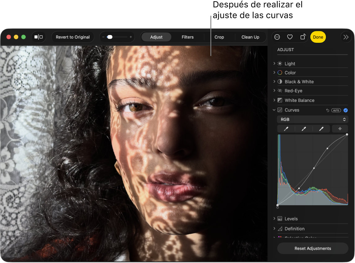 Una foto después de ajustar Curvas.