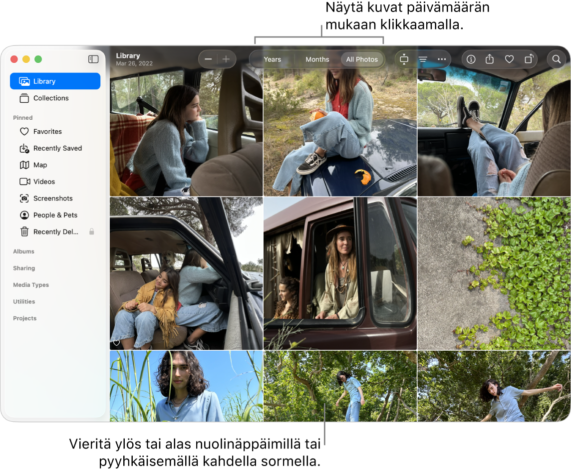 Kuvat-ikkunan työkalupalkissa on valittuna Kaikki kuvat, ja kuvat näkyvät ikkunan pääalueella päivämäärän mukaan järjestettyinä.