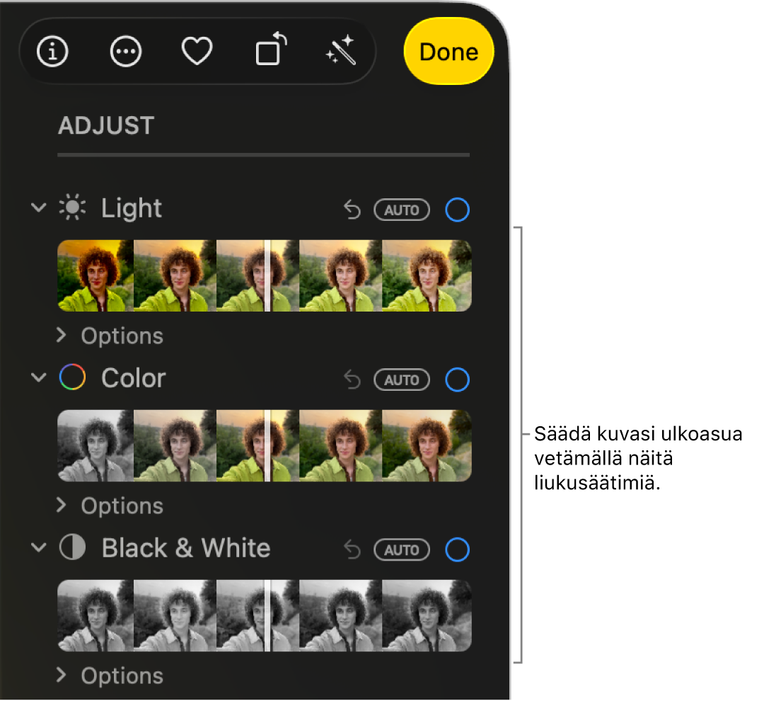 Valoisuus-, Väri- ja Mustavalkoinen-säätimet Säädöt-paneelissa. Kunkin liukusäätimen yläpuolella näkyy Automaattinen-painike.