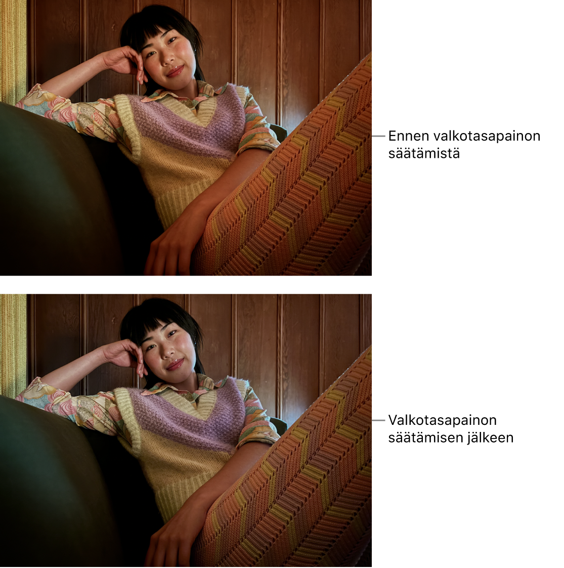 Kuva ennen ja jälkeen valkotasapainon säätöä.