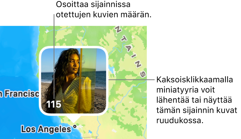 Kuvaminiatyyri kartalla ja numero vasemmassa alakulmassa ilmaisemassa sijainnissa otettujen kuvien määrää.