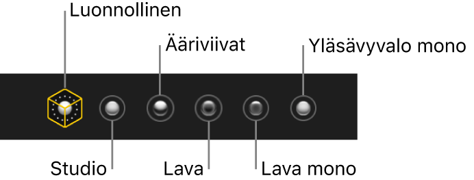 Pystytilan valaistustehostevaihtoehdot (vasemmalta oikealle) Luonnollinen, Studio, Korostus, Lavavalo, Lavavalo Mono ja Yläsävyvalo mono.