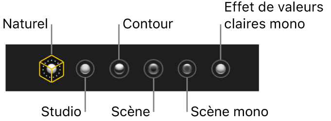 Choix d’effets d’éclairage en mode portrait, notamment (de gauche à droite) Naturel, Studio, Contour, Scène, Scène Mono et Effet de valeurs claires mono.