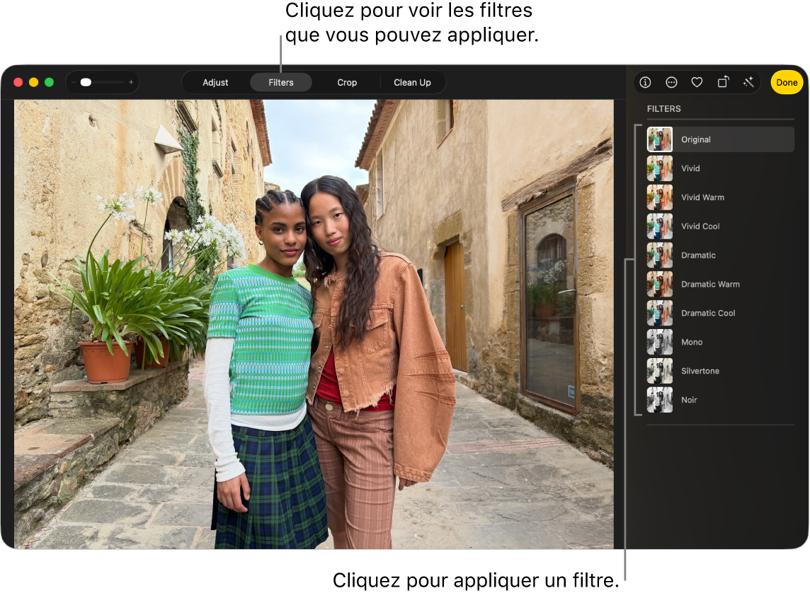 Une photo en mode édition, affichant Filtres sélectionné dans la barre d’outils et des options de filtre sur la droite.