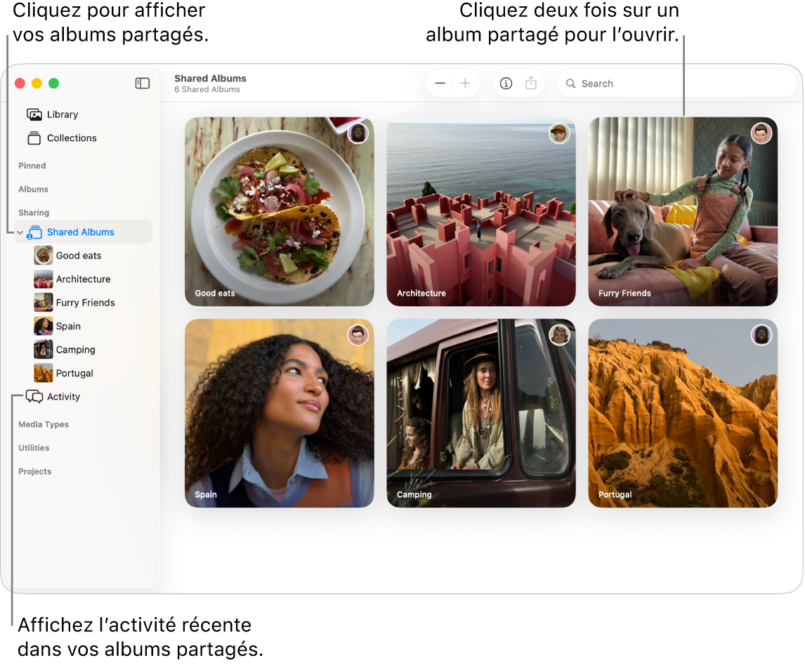 La fenêtre Photos affichant Albums partagés sélectionné dans la barre latérale et les albums partagés apparaissant sur la droite.