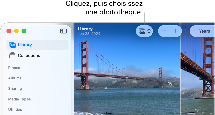Zone supérieure gauche de la fenêtre Photos, affichant la barre latérale et le menu contextuel de la photothèque dans la barre d’outils.