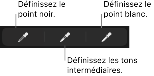 Trois pipettes servant à régler le point noir, les tons intermédiaires et le point blanc de la photo ou la vidéo.