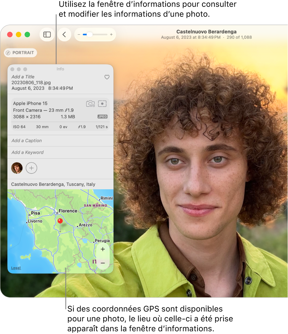 La fenêtre Informations d’une photo affichant la date, l’heure et le lieu de la prise de vue, des informations sur l’appareil utilisé pour prendre la photo, et plus encore.