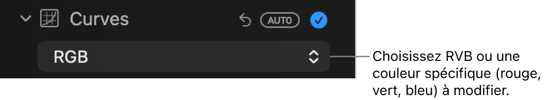 Les commandes Courbes dans la sous-fenêtre Ajuster, avec RVB sélectionné dans le menu local.