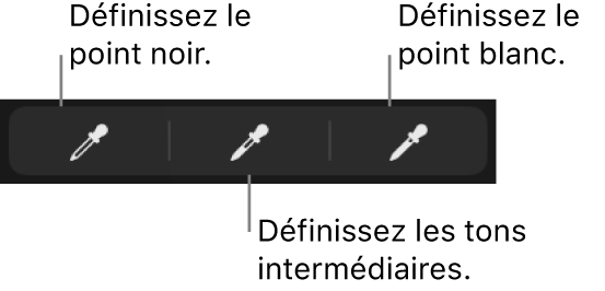 Trois pipettes servant à définir le point noir, les tons intermédiaires et le point blanc de la photo ou de la vidéo.