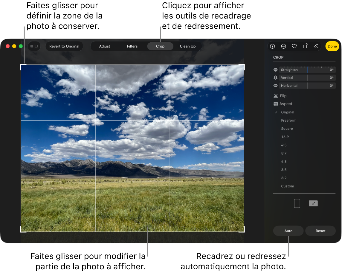 Une photo en mode édition, avec l’outil Recadrer sélectionné dans la barre d’outils, un rectangle de sélection autour de la photo, ainsi que des curseurs de redressement, des options de proportions, et des boutons Auto et Réinitialiser à droite.