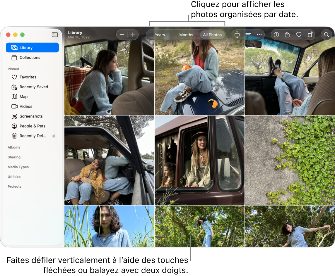 La fenêtre Photos avec « Toutes les photos » sélectionné dans la barre d’outils et des photos organisées par date s’affichant dans la zone principale de la fenêtre.