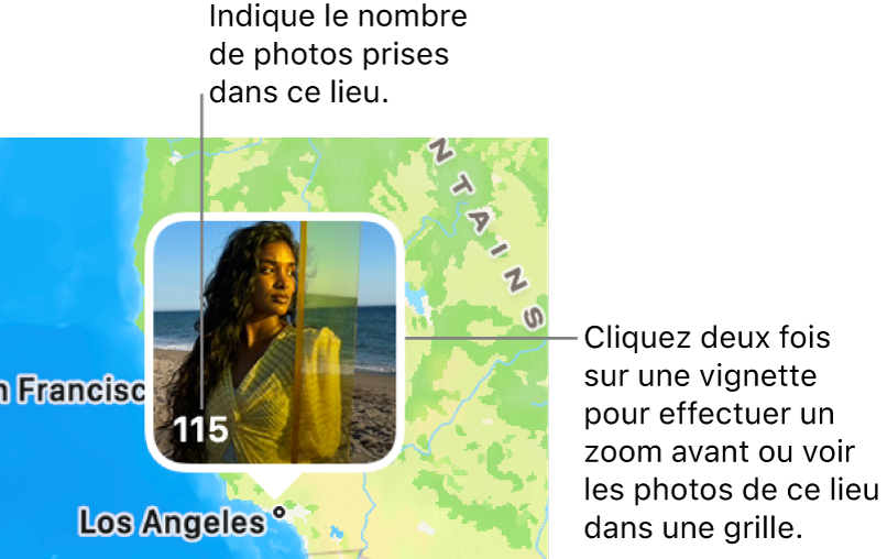 Une vignette de photo sur un plan, avec un numéro en bas à gauche indiquant le nombre de photos prises à cet endroit.