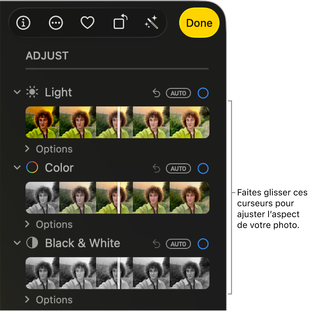 Les curseurs Clarté, Couleur et Noir et blanc dans la sous-fenêtre Ajuster. Un bouton Autom. s’affiche au-dessus de chaque curseur.