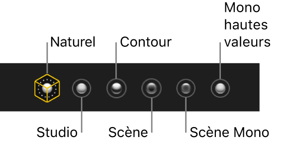 Les effets d’éclairage du mode Portrait, dont (de gauche à droite) Naturel, Studio, Contour, Scène, « Scène mono » et « Mono hautes valeurs ».