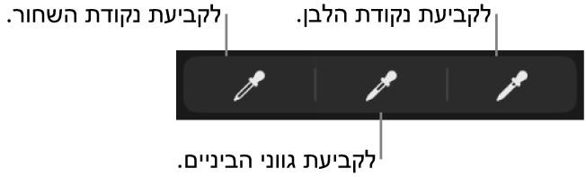 שלוש טפטפות המשמשות לבחירת הנקודה השחורה, גוני האמצע והנקודה הלבנה של התמונה או הסרטון.