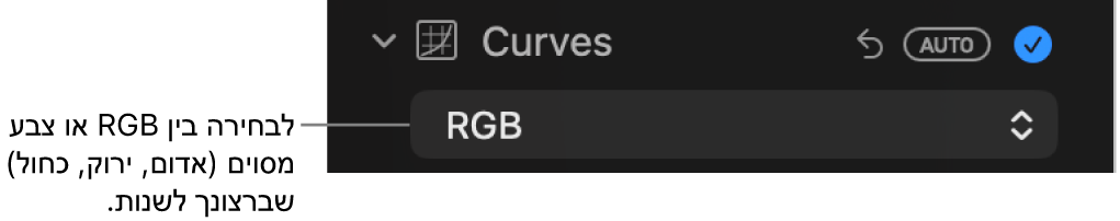 כלי הבקרה ״עקומות״ בחלונית ״התאם״ שבו נבחרה האפשרות RGB בתפריט הקופצני.