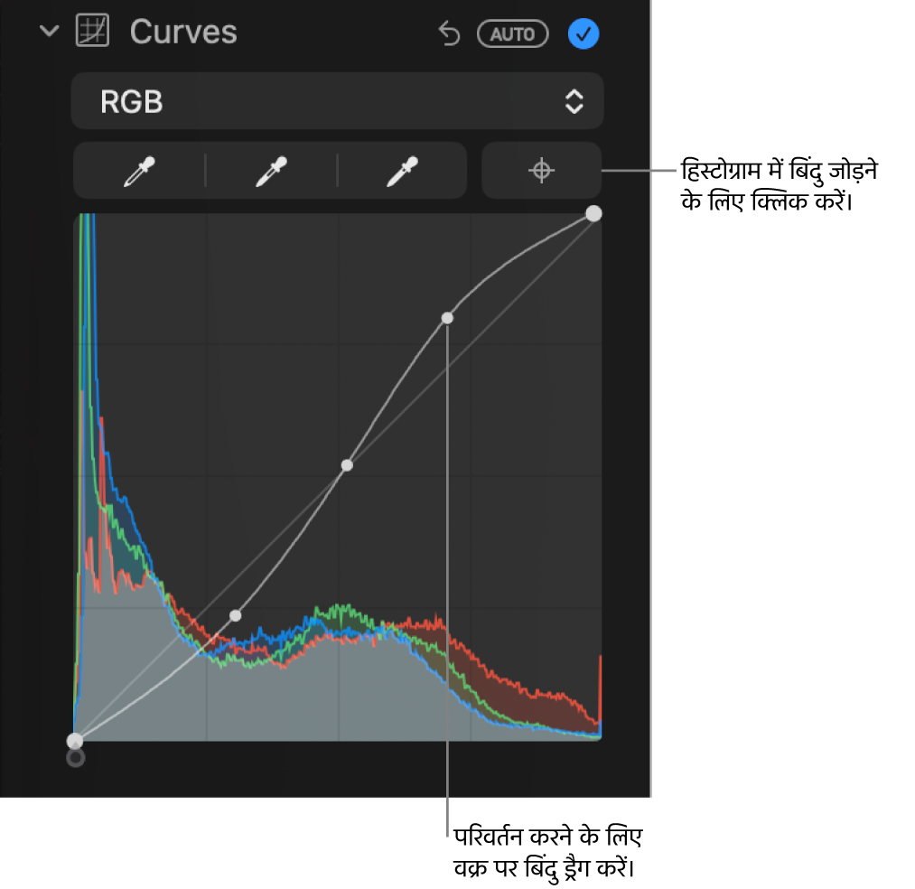 ऊपरी दाएँ कोने में पॉइंट जोड़ें बटन और नीचे की ओर RGB हिस्टोग्राम दिखाता ऐडजस्ट करें पेन में वक्र नियंत्रण।