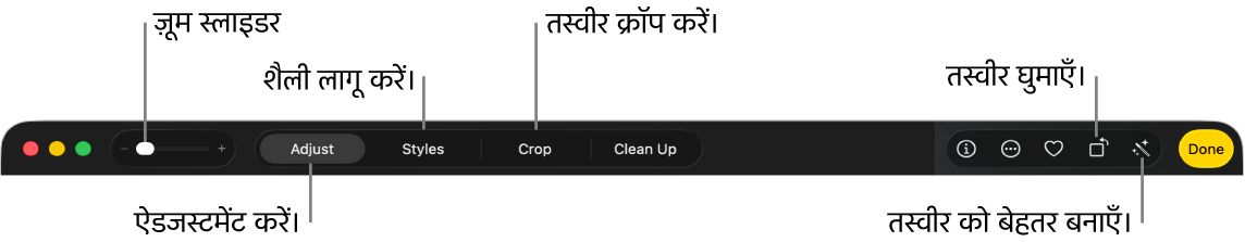संपादन टूलबार जिसमें तस्वीर पर ज़ूम इन या आउट करने, ऐडजस्ट करने, फ़ोटोग्राफ़िक शैली लागू करने और तस्वीरें क्रॉप करने, घुमाने और बेहतर बनाने के कंट्रोल दिखाए गए हैं।