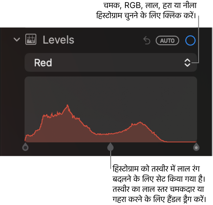 तस्वीर का रेड लेवल ऐडजस्ट करने के लिए नीचे की ओर दिए गए हैंडल वाला रेड हिस्टोग्राम दिखाता ऐडजस्ट करें पेन में स्तर नियंत्रण।