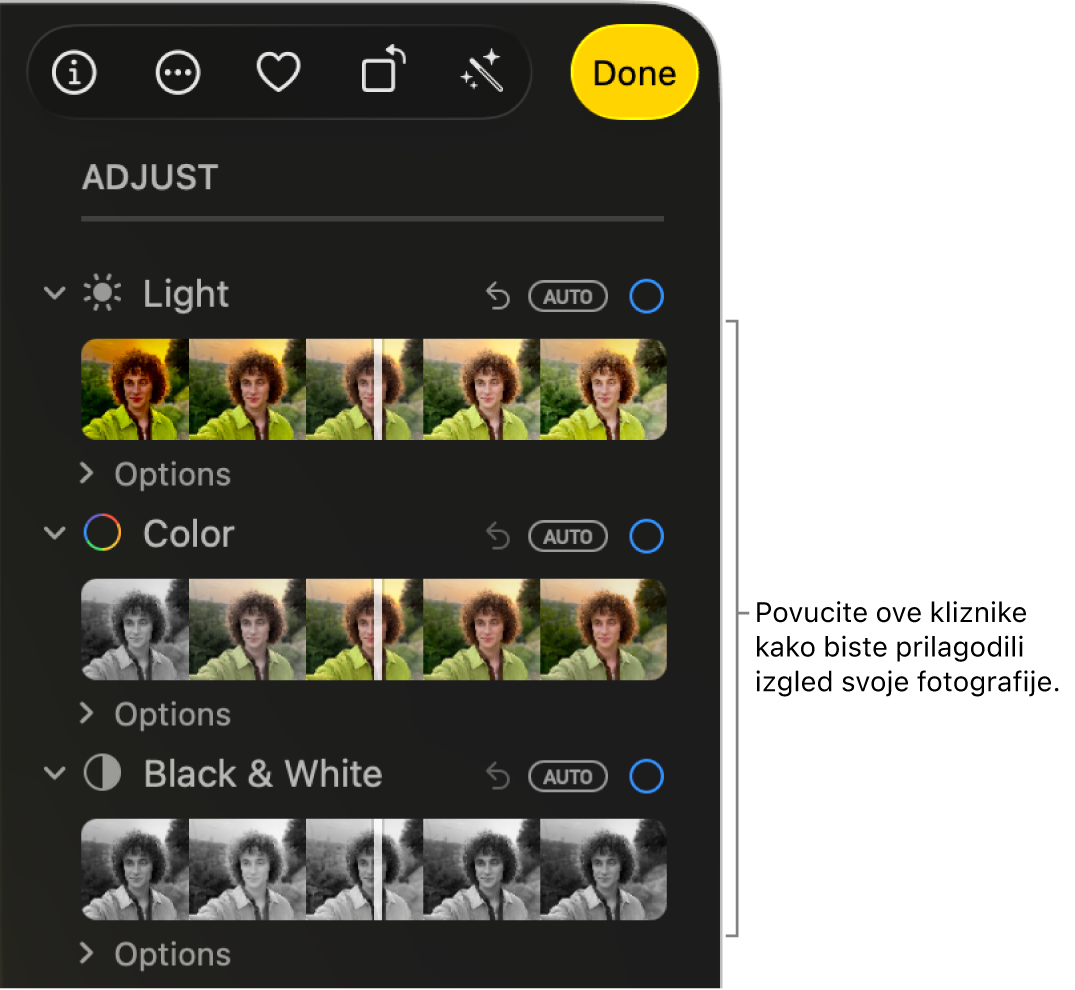 Kliznici Svjetlo, Boja i Crno i bijelo u prozoru Prilagodi. Tipka Auto pojavljuje se iznad svakog kliznika.