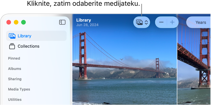Gornji lijevi dio prozora aplikacije Foto s prikazom rubnog stupca i skočnog izbornika Medijateka na alatnoj traci.
