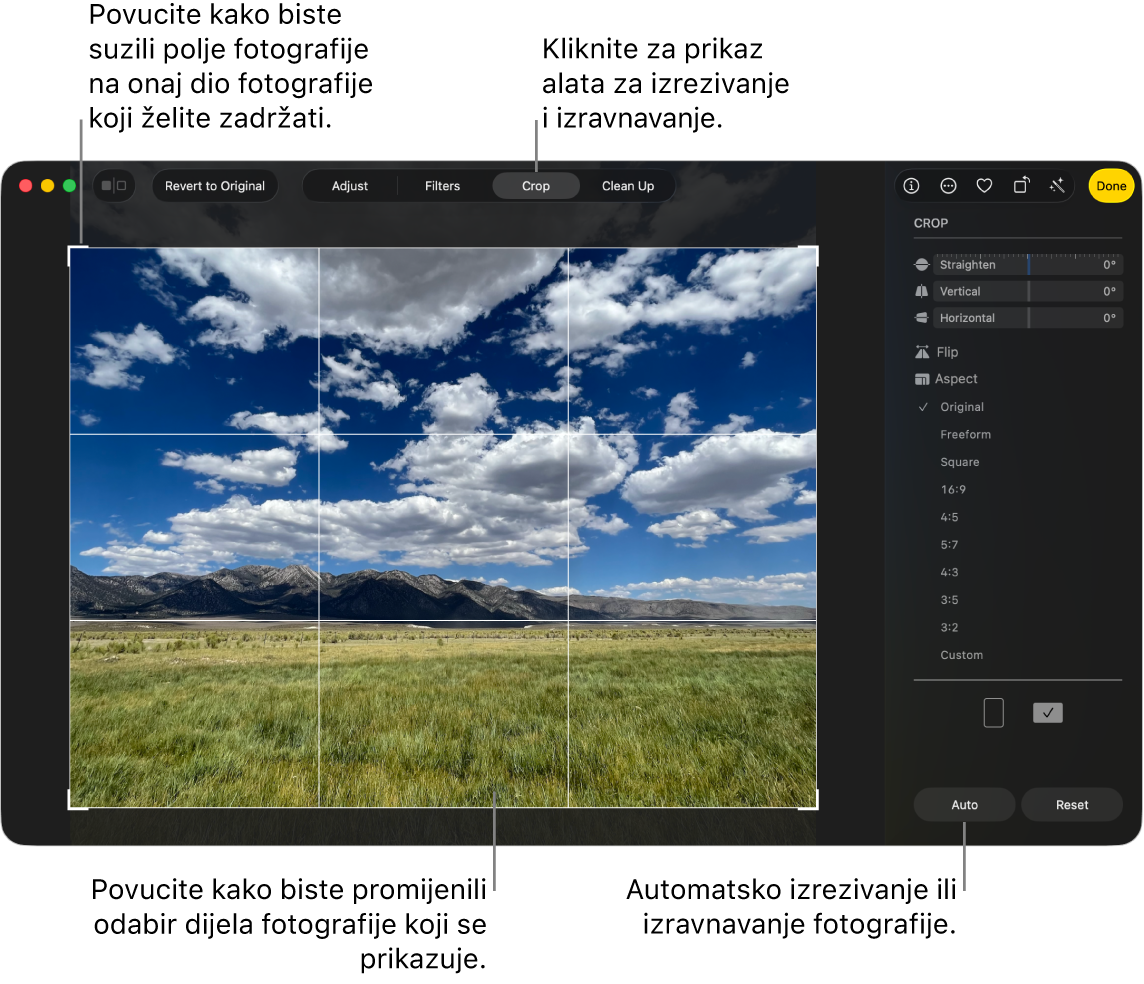 Fotografija u prikazu za uređivanje, odabrana je opcija Izreži u alatnoj traci, pravokutnik odabira nalazi se oko fotografije i kliznici za poravnanje, opcije formata slike i tipke Automatski i Resetiraj s desne strane.